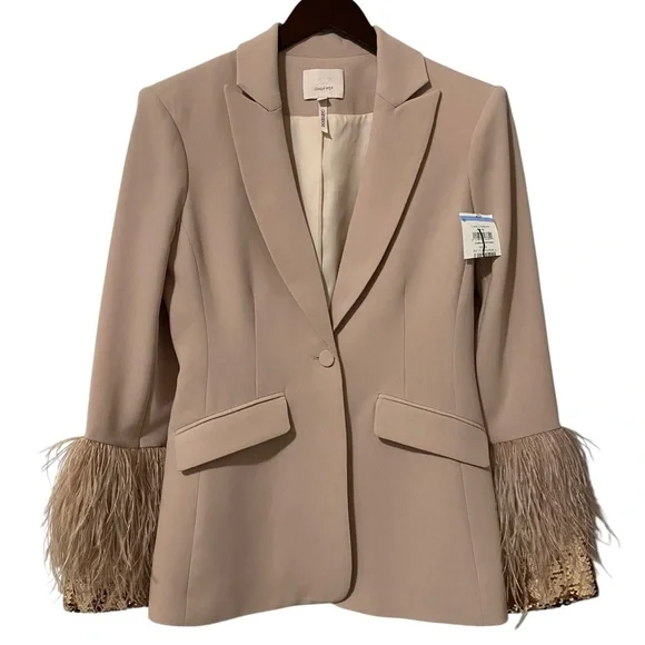 NWT Cinq à Sept Cheyenne Crepe Blazer Jacket Sequin & Feather Sleeves Sz 4 - Picture 4 of 6